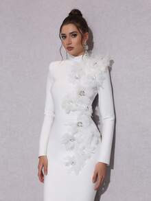 Modphy Women's Long Sleeve White 3D Floral Bandage Dress With Crystal Embellished Floral, Formal ... | SHEIN