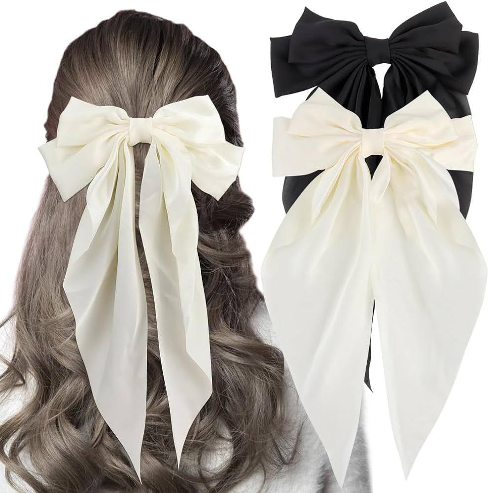Hair Bows for Women 2Pcs White Hair Bow Black Hair Bow Silky Satin Hair Ribbon Oversized Long Tai... | Amazon (US)