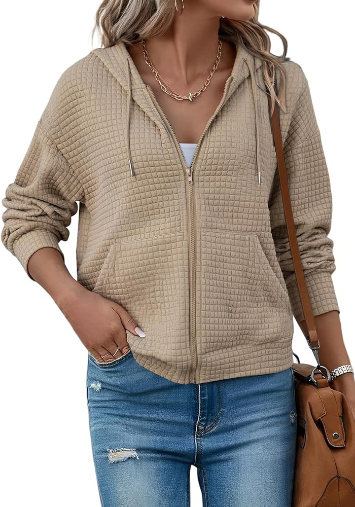 SHEWIN Womens Zip Up Hoodies Oversized Sweatshirt Fall Fashion Outfits 2025 Casual Waffle Hooded ... | Amazon (US)