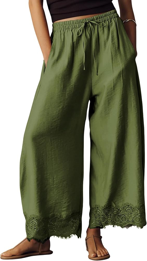 Lviefent Womens Cropped Lace Hem Pants Casual Drawstring Waist Summer Wide Leg Pants Beach Trouse... | Amazon (US)