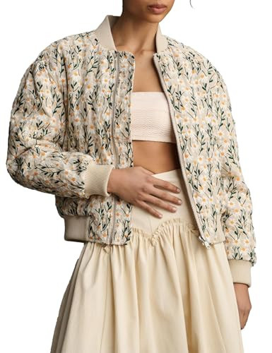 TUREAU Women’s Floral Print Bomber Jacket Cropped Zipper Down Long Sleeve Crew Neck Daisy Padded Coat Outwear with Pockets(XL,Apricot) | Amazon (US)