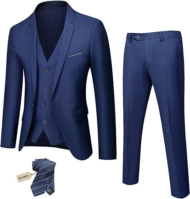 MY'S Men's 3 Piece Slim Fit Suit Set, One Button Solid Jacket Vest Pants with Tie | Amazon (US)