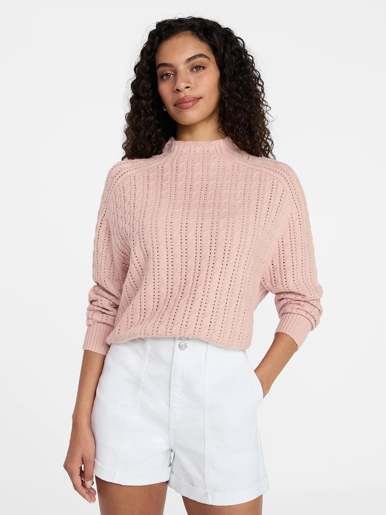 Time and Tru Women's Pointelle Mock Neck Sweater with Long Sleeves, Lightweight, Sizes, XS-XXXL | Walmart (US)
