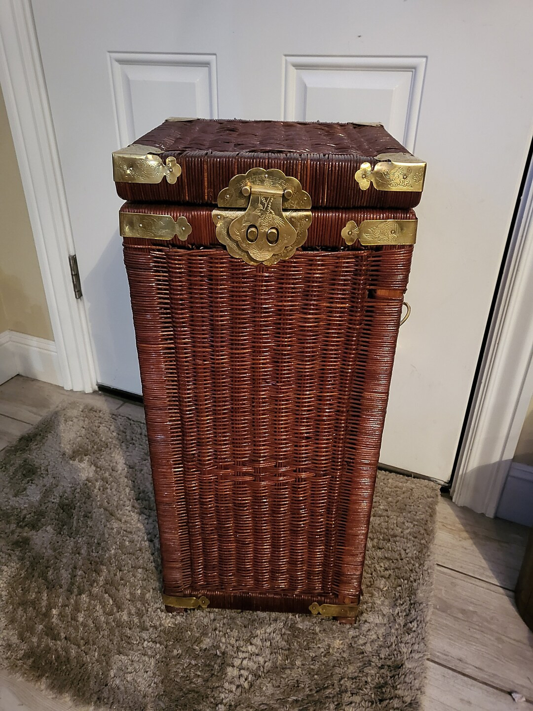 Vintage Wicker and Brass Square Basket Late 20th Century Rattan Engraved Brass Clasp Chinoiserie ... | Etsy (US)