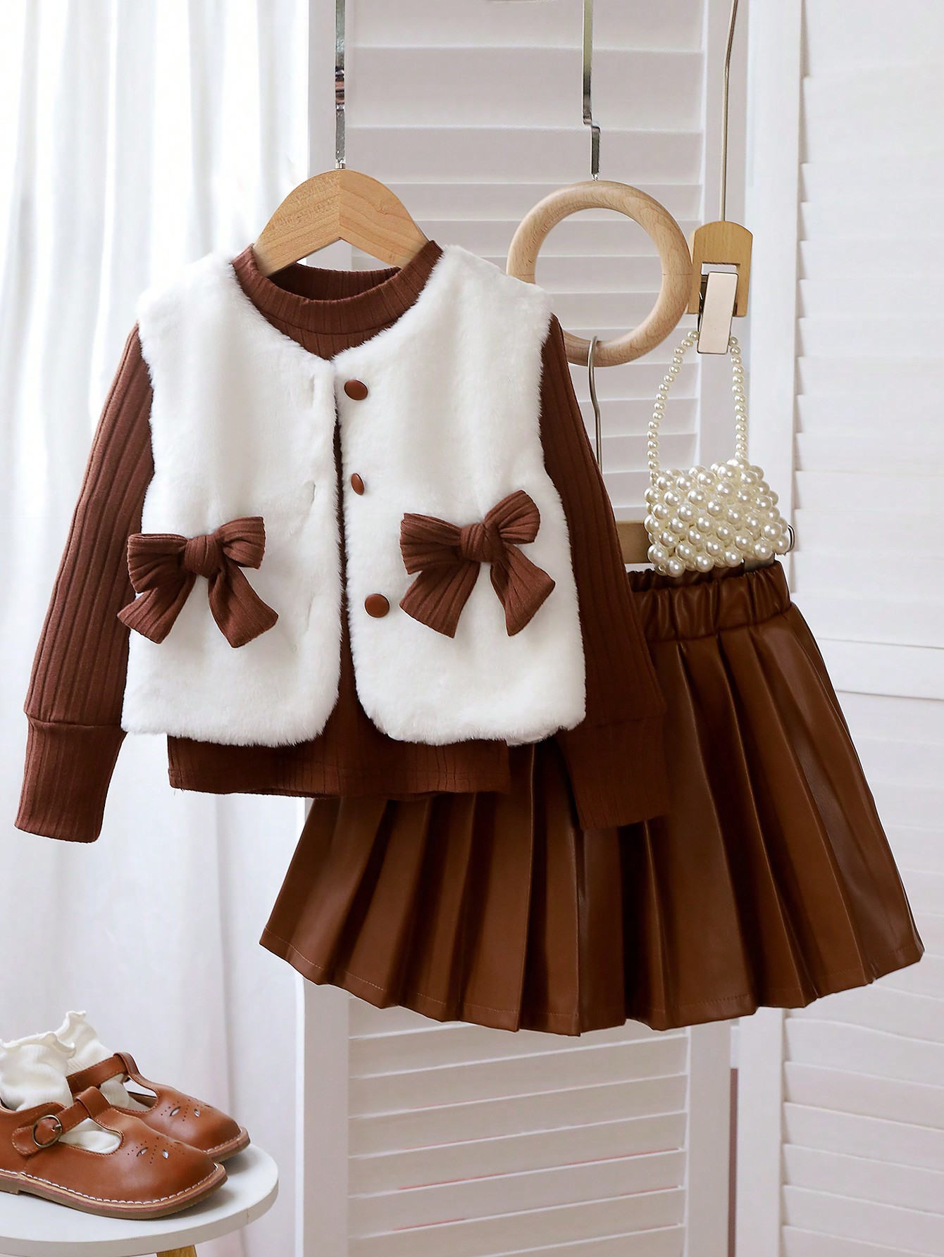 Young Girl 3pcs Fashionable Milad Furry Vest, Long Sleeve Top And Leather Skirt Set, Spring And A... | SHEIN