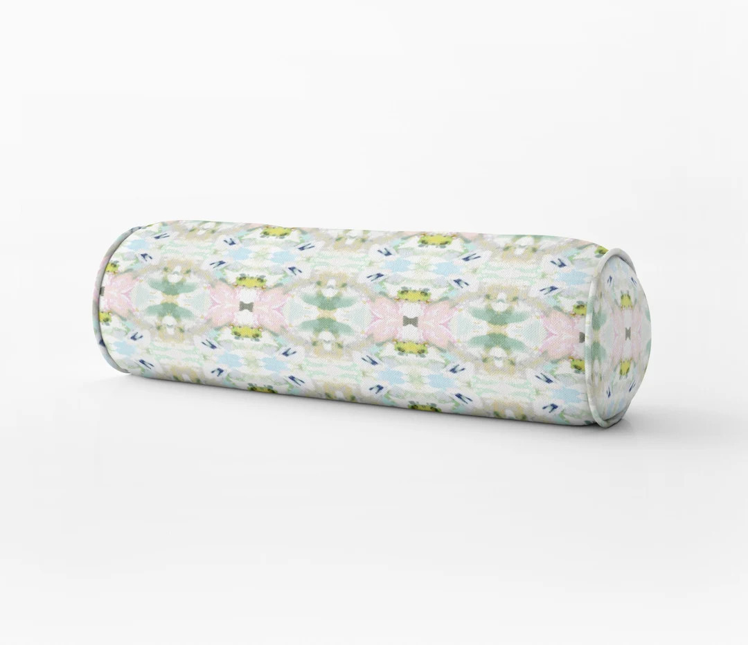 Designer painterly round bolster aqua bolster pillow Long lumbar painterly bolster pillow blush p... | Etsy (US)