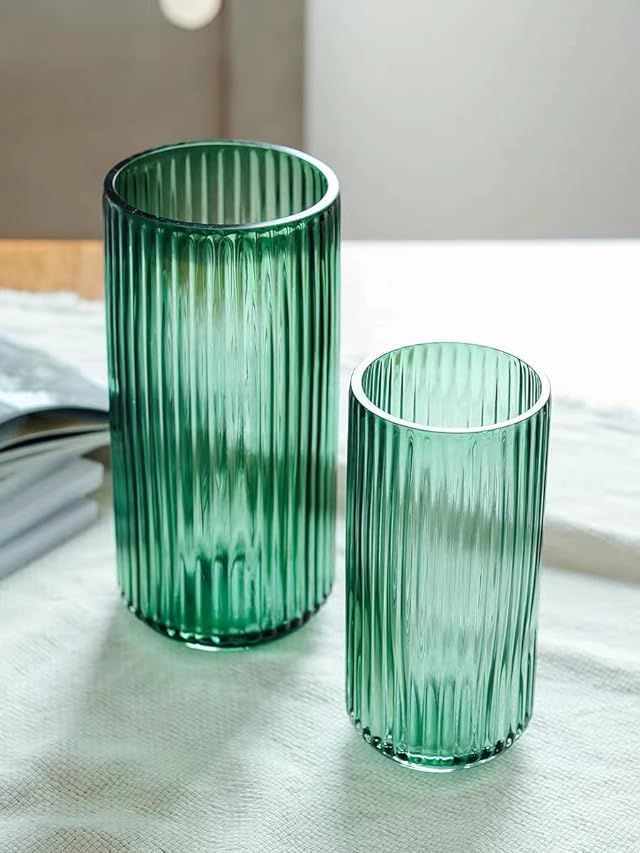 TIMEFOTO Flower Vase 7.5 inch Green Thickened Glass Vase for Bookshelf,Dinner Table,Indoor Office... | Amazon (US)