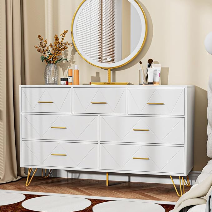 JOZZBY Dresser for Bedroom with 7 Drawer, Modern White with Gold Dresser, Wooden Storage Dressers... | Amazon (US)