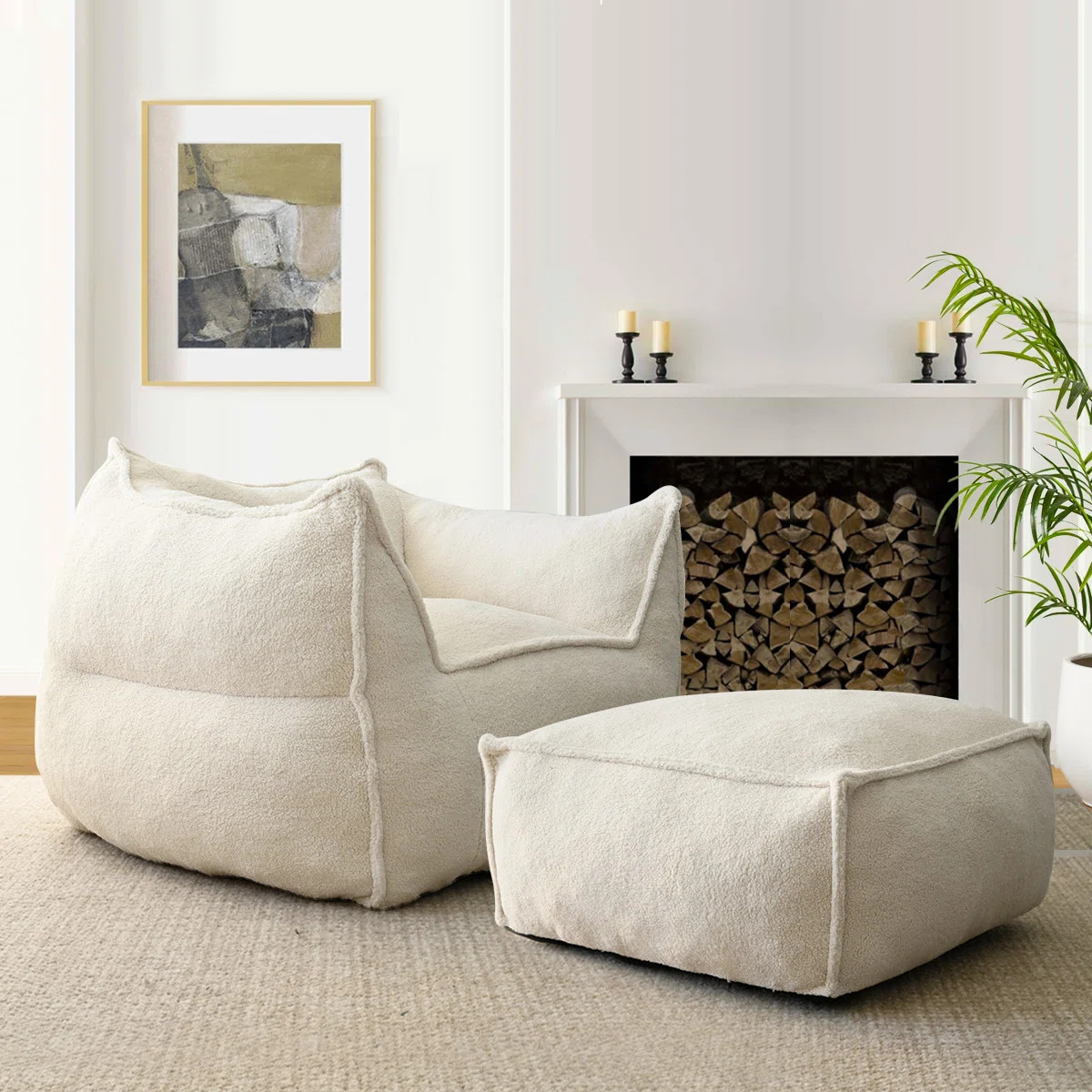 Rachelle Teddy Boucle Upholstered Bean Bag Accent Chair+Ottoman | Wayfair North America