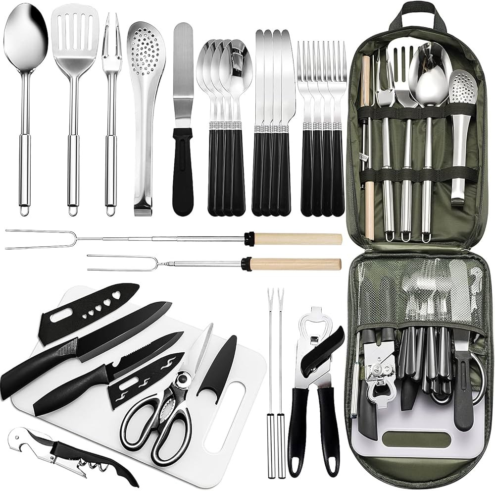 Portable Camping Kitchen Utensil Set-27 Piece Cookware Kit, Stainless Steel Outdoor Cooking and G... | Amazon (US)