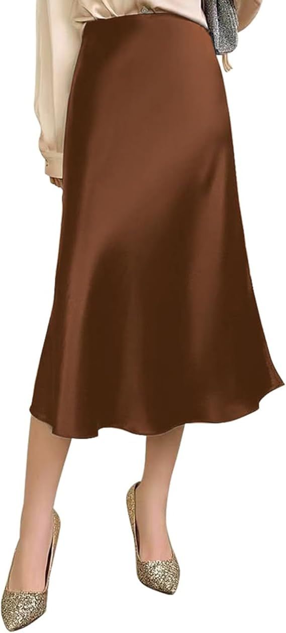 Womens Silky Satin Midi Skirt High Waist Elastic Waist A Line Skirt | Amazon (US)