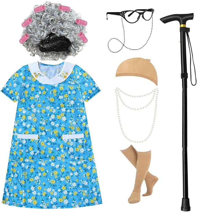 100 Days of School Old Lady Costume for Kids - Grandma Costume Set with White Wig, Glasses, Cane,... | Amazon (US)