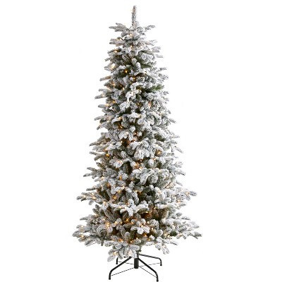 Nearly Natural 7-ft Flocked North Carolina Fir Artificial Christmas Tree with 550 Warm White Lights and 2090 Bendable Branches | Target
