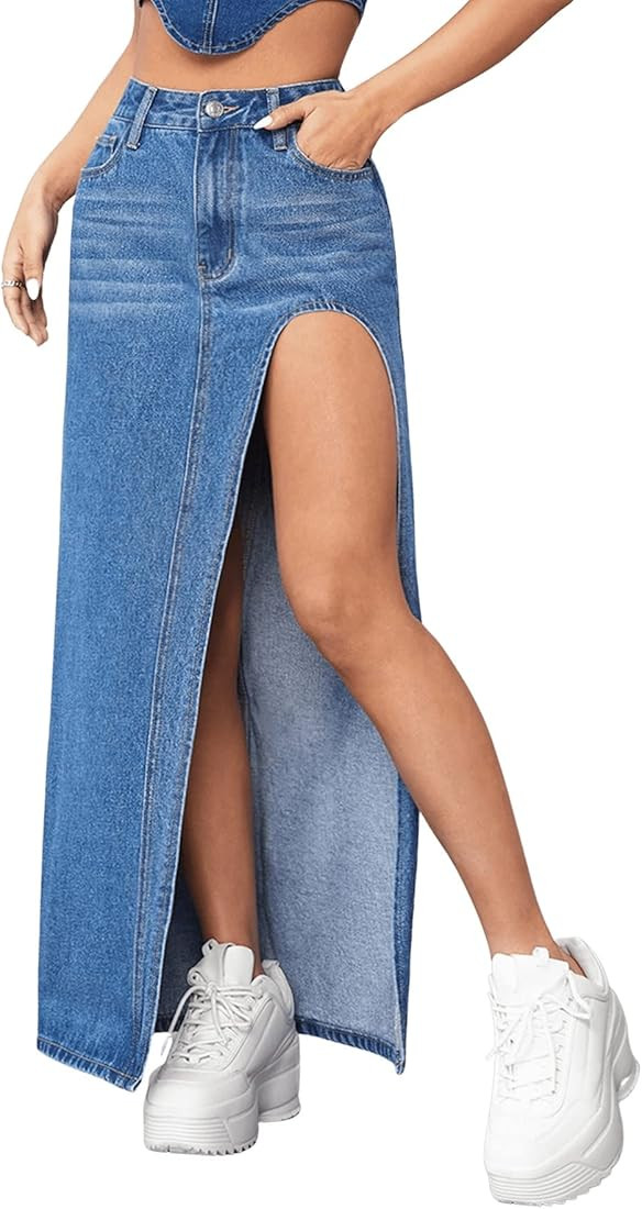 SweatyRocks Women's High Waist Split Thigh Maxi Denim Skirt Casual Zip Up Jean Skirts with Pocket... | Amazon (US)