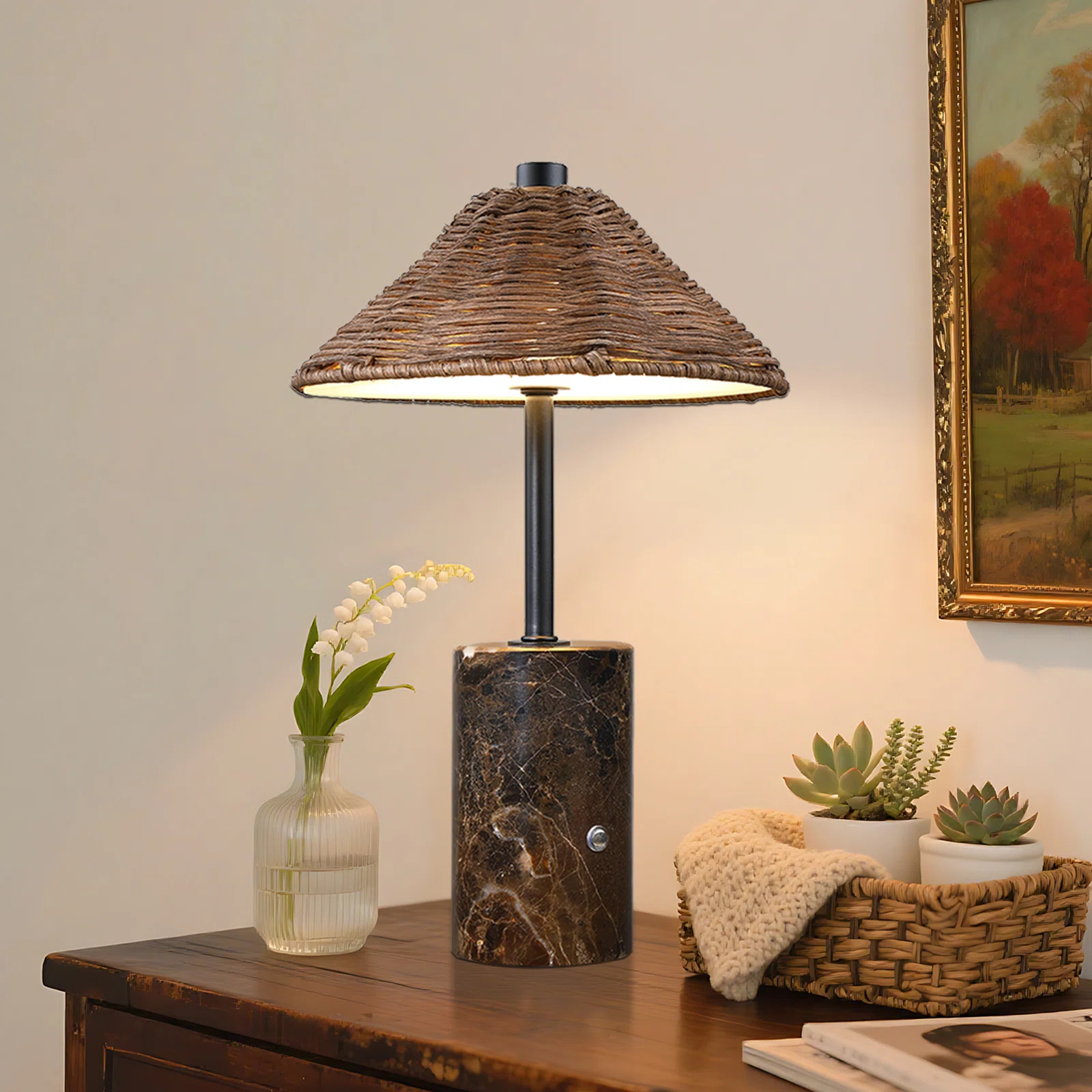 3600mAh Rechargeable Cordless Table Lamp, 3-Way Dimmable, Touch Control, Wicker Shade with Marble... | Wayfair North America