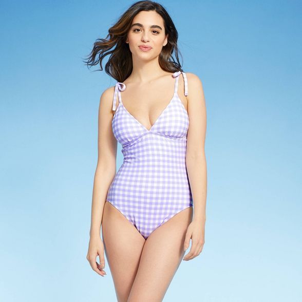Women's Shoulder Tie Gingham Medium Coverage One Piece Swimsuit - Kona Sol™ Silent Lilac | Target