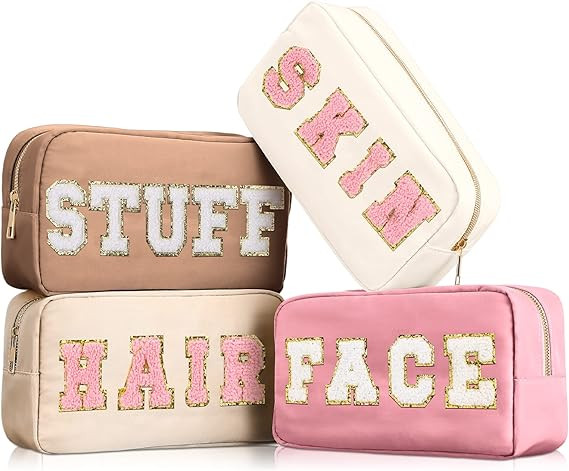 Cunno 4 Pcs Preppy Makeup Bag Chenille Letter Stuff Bag Nylon Cosmetic Bag Makeup Bag Toiletry Co... | Amazon (US)