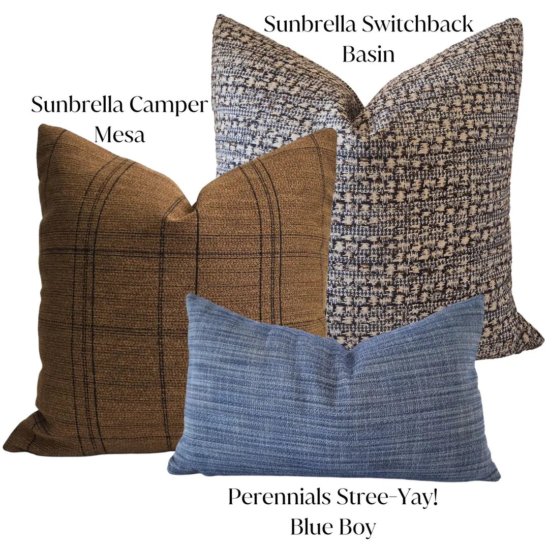 Sunbrella Outdoor Pillow Covers, Navy Brown Plaid, Customizable Set | Etsy (US)