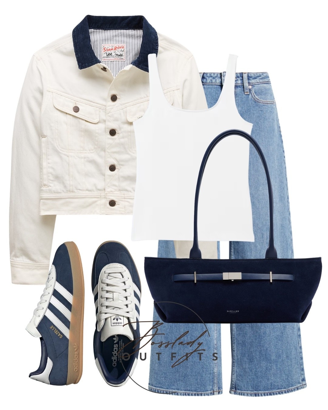 The perfect weekend uniform. 💙 Obsessed with this classic cream Lee jacket with the navy collar details—it pairs so well with a simple white tank and wide-leg denim. Tied the whole look together with my favorite navy Adidas Gazelles and a sleek suede shoulder bag. Easy, comfortable, and effortlessly chic! ✨

#LTKbag #LTKstyletip #LTKshoes