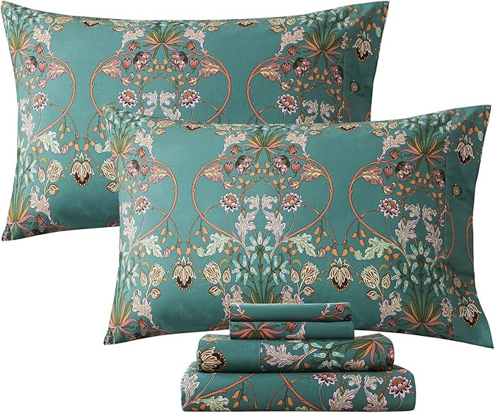 FADFAY King Size Sheets Shabby Floral Vintage Bed Sheet Set Percale Cotton Chic Teal Blue Orange ... | Amazon (US)
