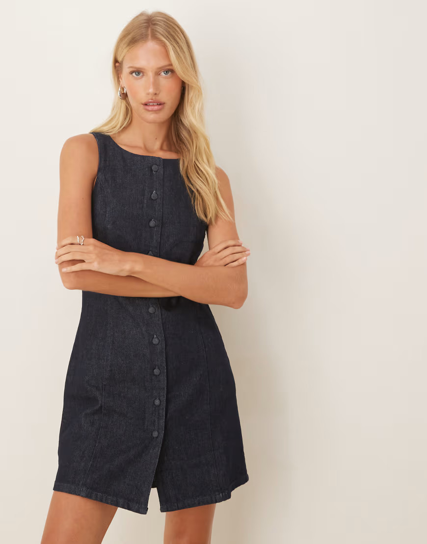 ASOS DESIGN denim button through waistcoat dress in dark rinse-Blue | ASOS (Global)