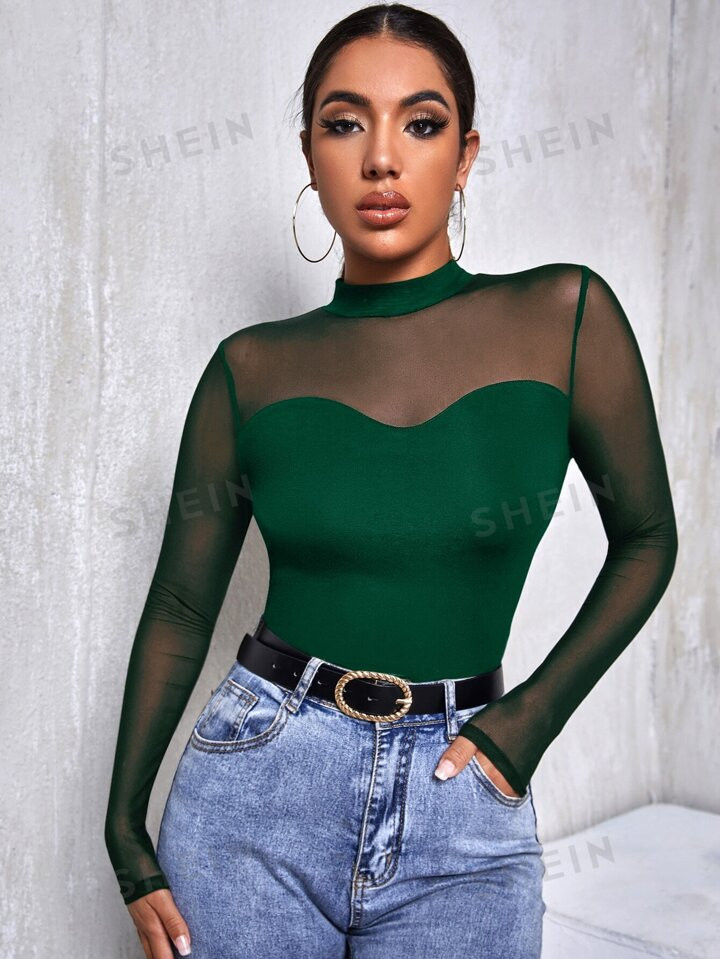 SHEIN Privé Mesh Yoke Solid Tee | SHEIN