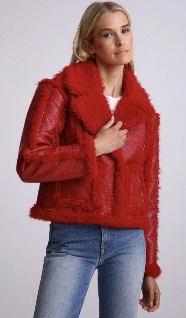 7 For All Mankind Stella Red Bold Vegan Leather Faux Shearling Cropped Jacket S | eBay US