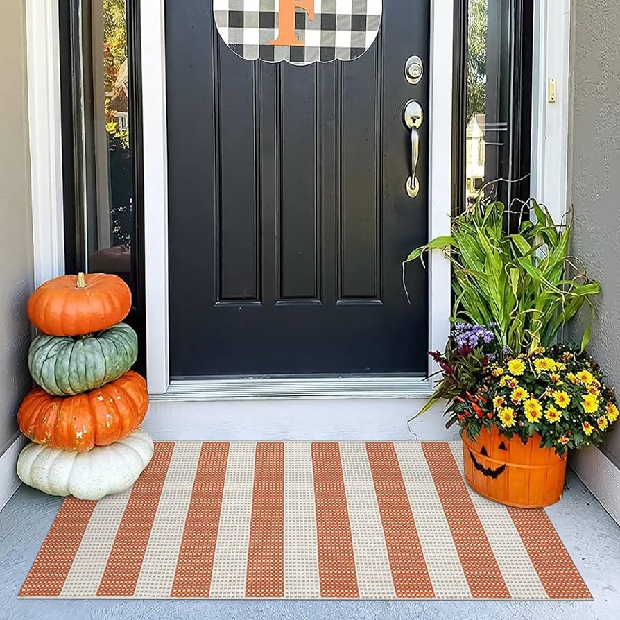 OJIA Fall Front Door Rug 24"x51" Halloween Doormat Orange and White Striped Rug Cotton Woven Chec... | Amazon (US)