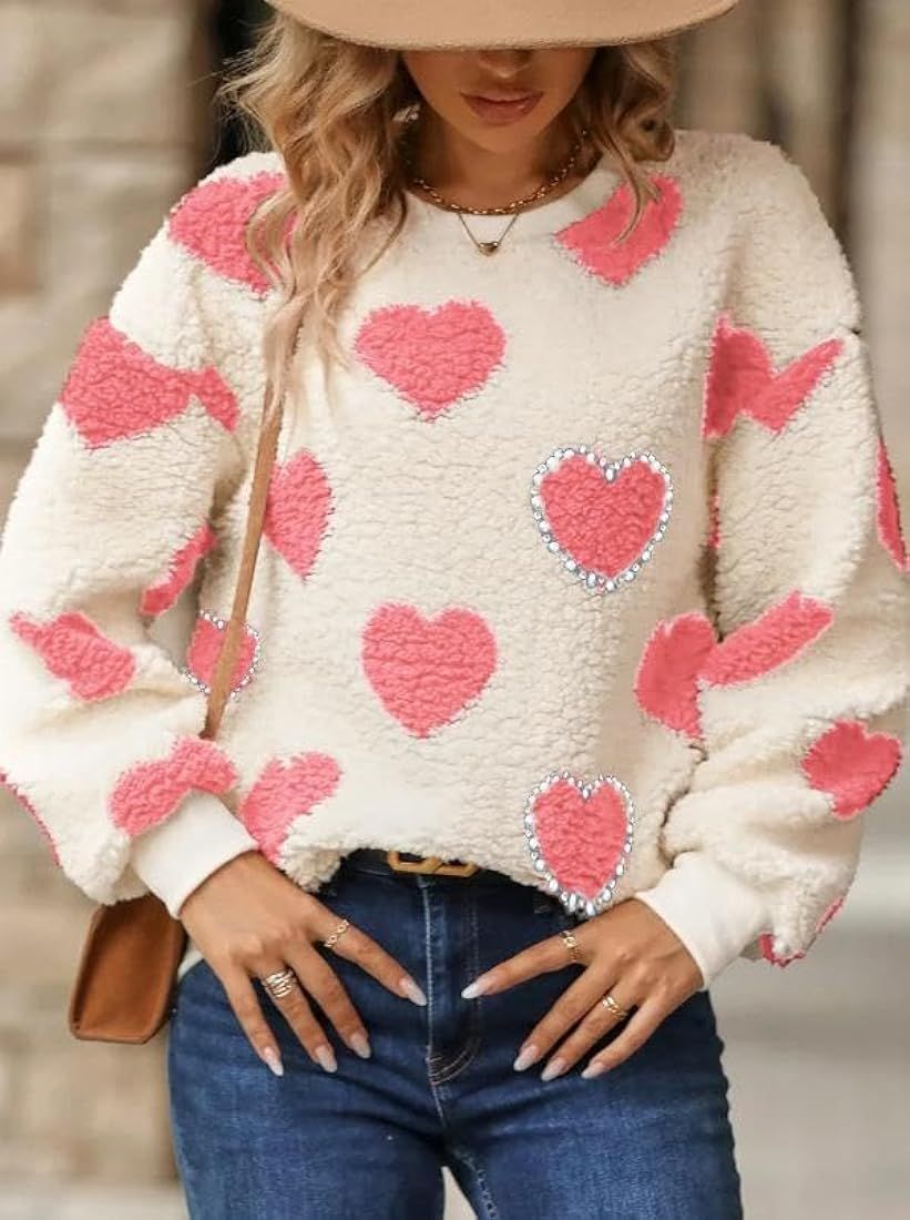 Akivide Womens Oversized Heart Pearls Rhinestones Embellished Sherpa Fleece Warm Sweater, Fuzzy P... | Amazon (US)