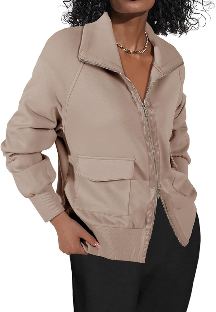 Fisoew Women's Zip up Sweatshirt Collared Neck Long Sleeve Loose Casual Lightweight Jacket with P... | Amazon (US)