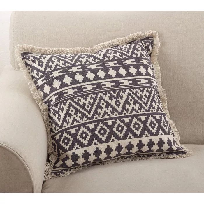 20"x20" Oversize Aztec Print Square Throw Pillow with Fringes Gray - Saro Lifestyle | Target