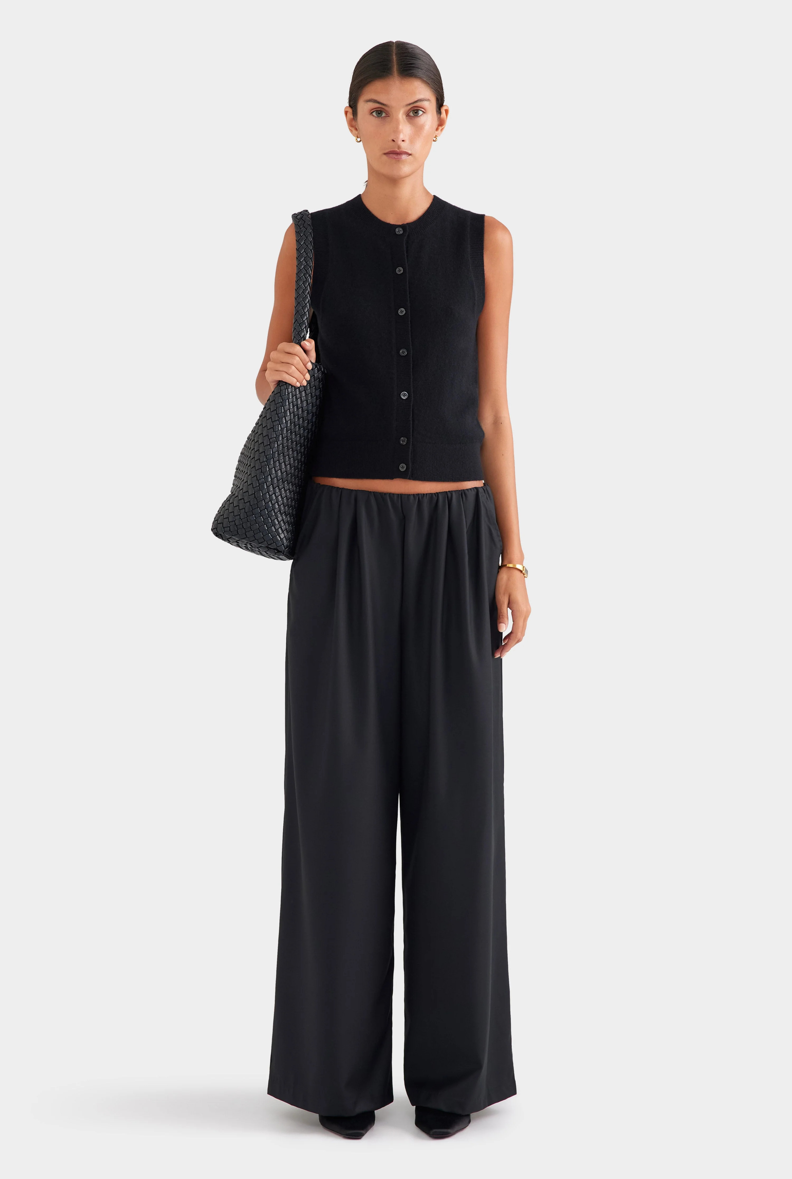 Womens Relaxed Wool Wide Leg Trouser in Black | Venroy | Venroy AU