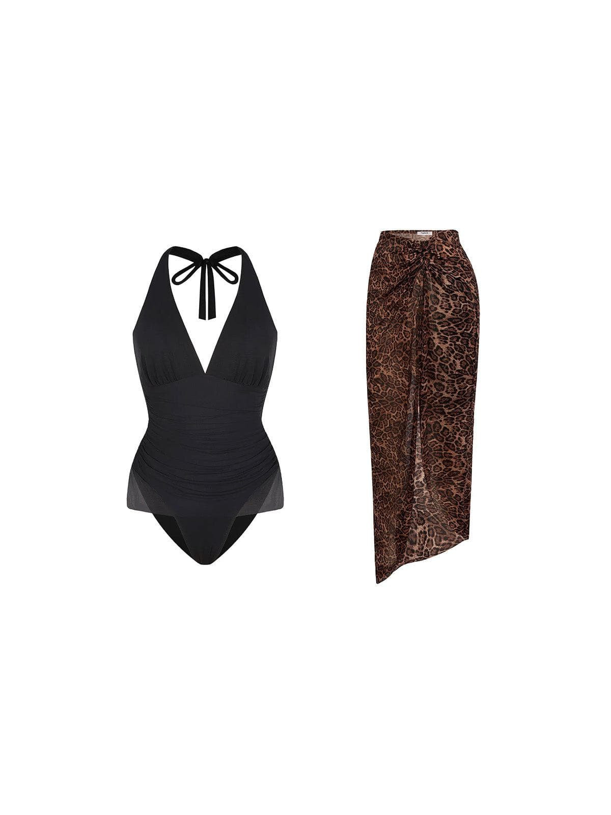 Shapewear Halter Tummy Control Swimsuit And Cover-Up Set - Set / Black/Leopard / 3XL | Popilush