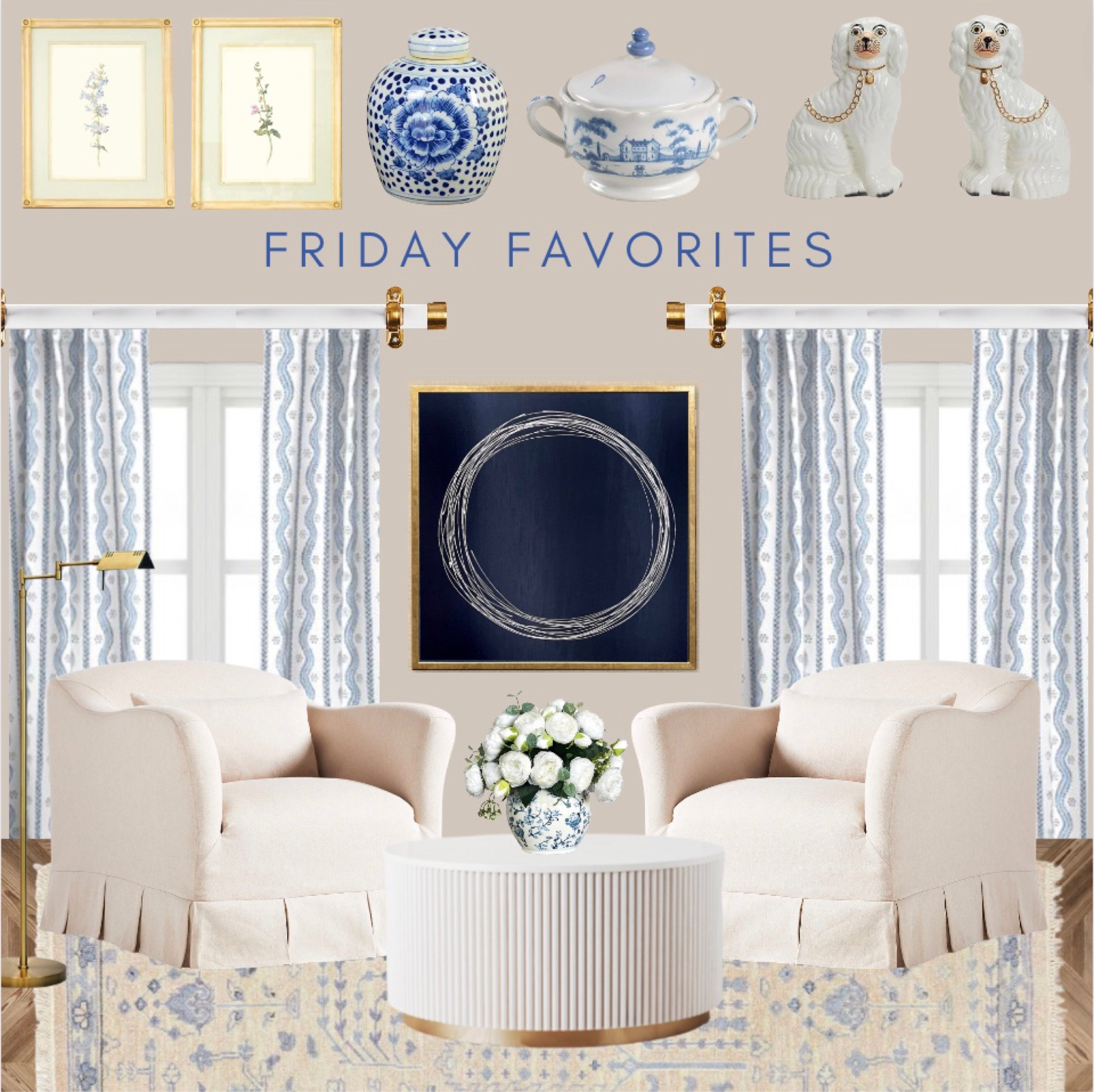 Blue and white home decor. Botanical prints. Ginger jar. Juliska. Staffordshire dogs. Blue curtains. Acrylic curtain rods. Pleated arm chair. Fluted coffee table. Faux peony arrangement. Blue and white rug. Serena and Lily. Chinoiserie.

#LTKhome