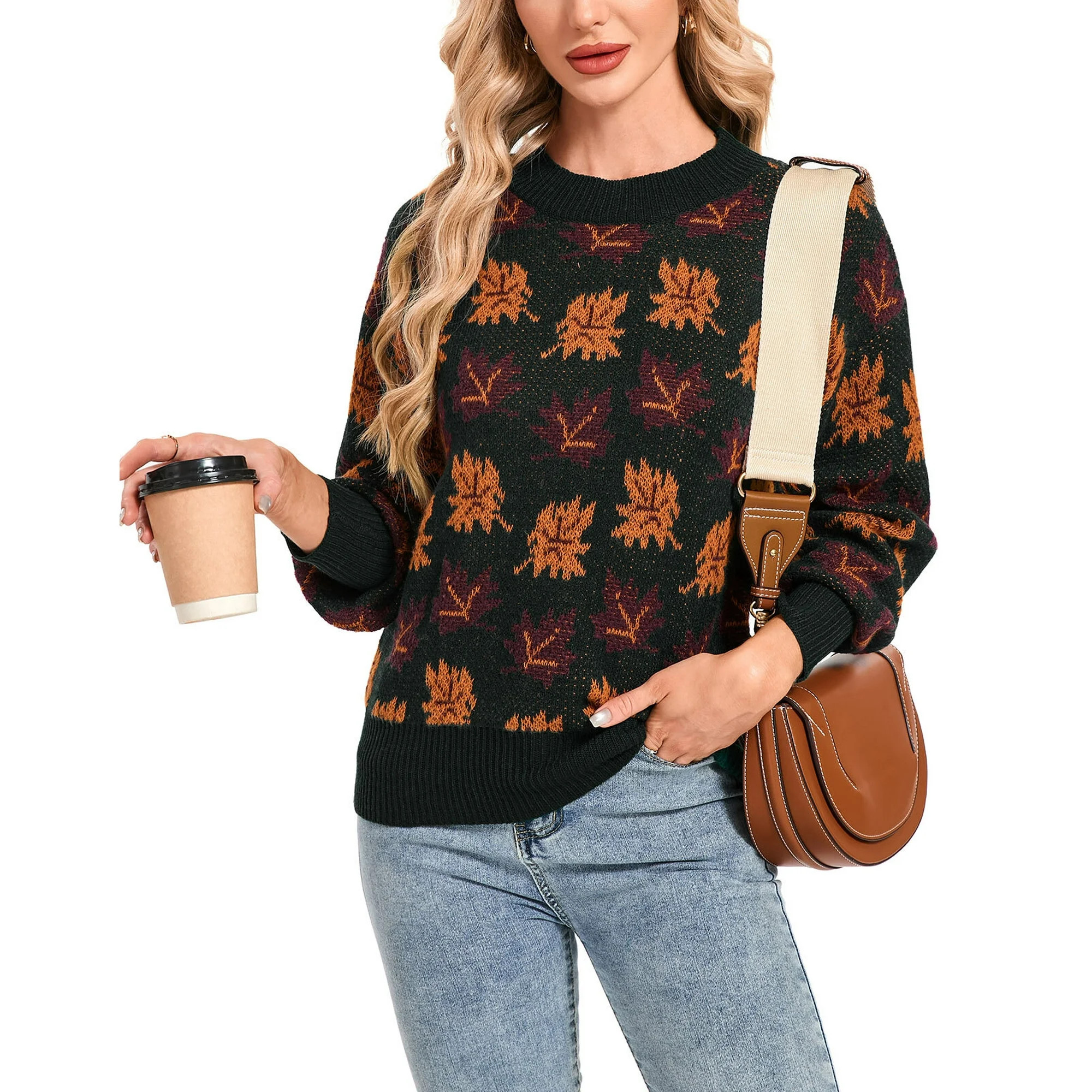 Sweaters for Women Crewneck Maple Leaves Printed Halloween Sweater Ribbed Lantern Sleeve Casual K... | Walmart (US)