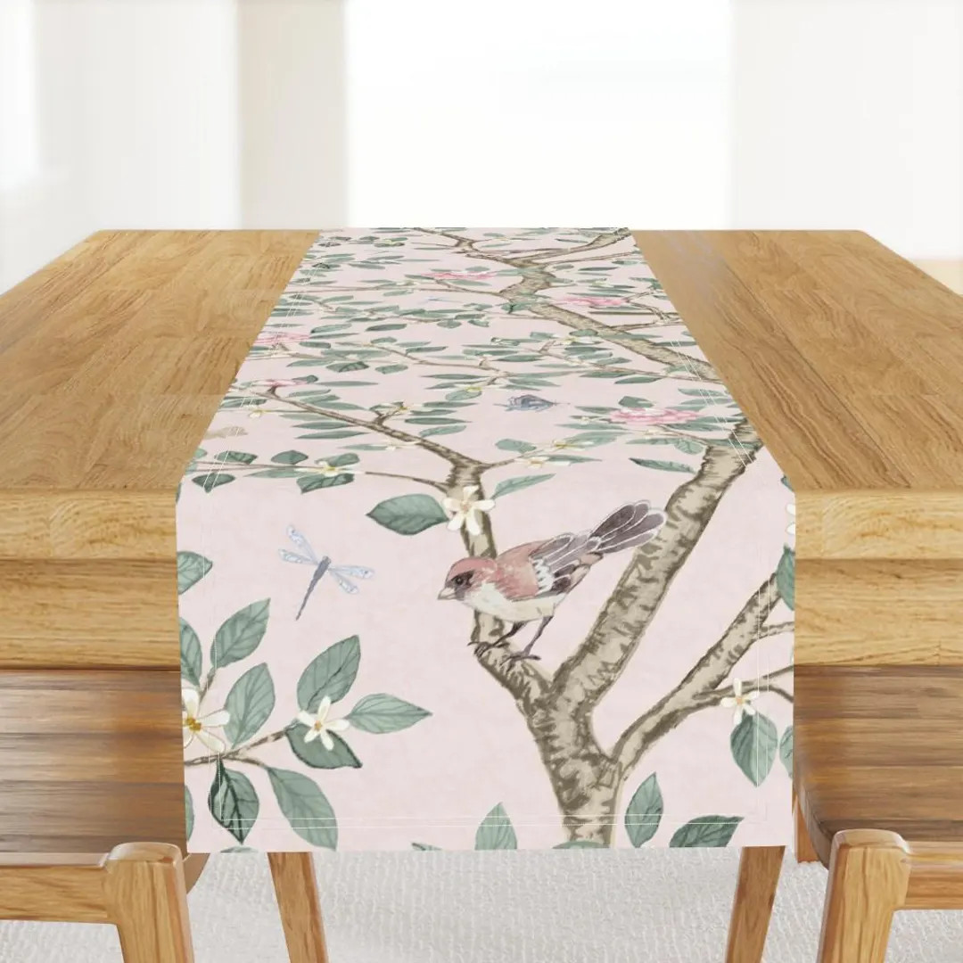 Chinoiserie Table Runner - Vintage Floral Pink Botanical Meadow Cotton Sateen Table Runner - Pale... | Etsy (US)