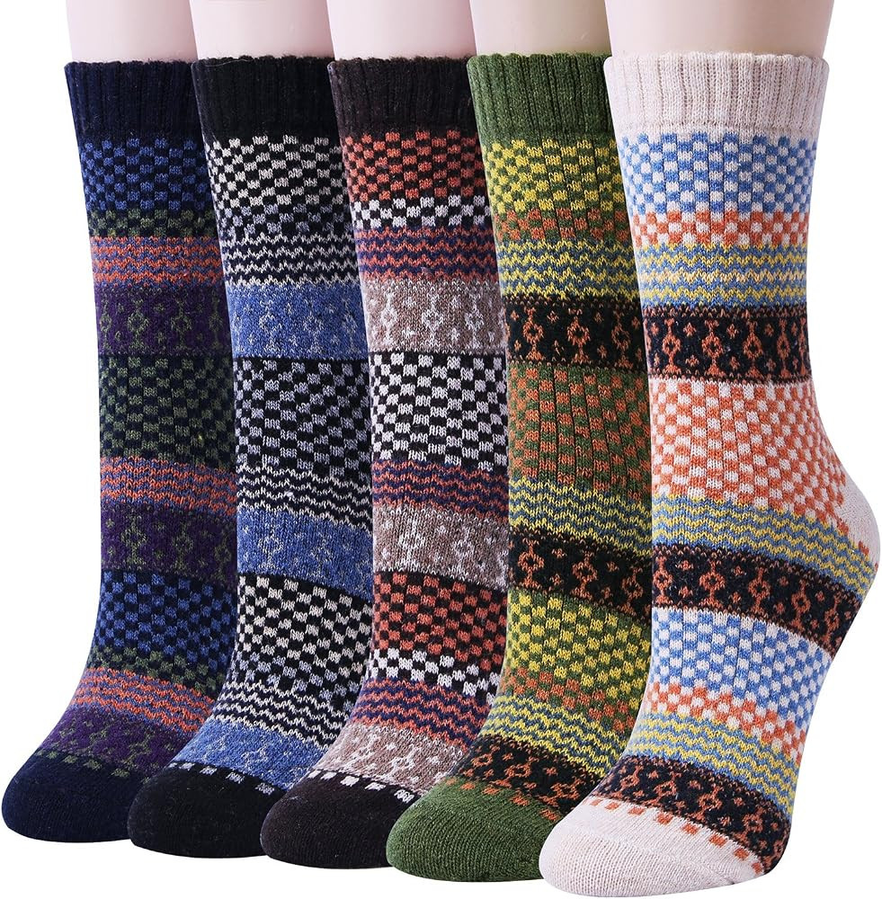 Loritta Pack of 5 Womens Wool Socks Winter Warm Thick Knit Soft Vintage Casual Crew Boot Socks Gi... | Amazon (US)
