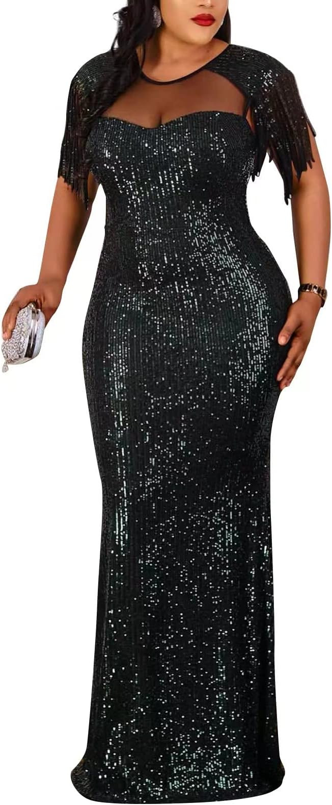 Cololura Sexy Sequin Tassel Mesh Perspective Party Cocktail Bodycon Evening Club Maxi Dress | Amazon (US)