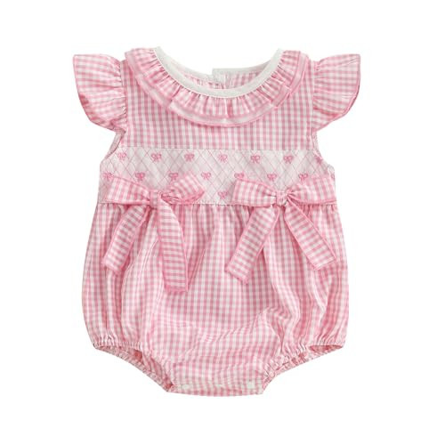 xkwyshop Newborn Baby Girl Summer Outfit Bow Smocked Bubble Romper Doll Collar Plaid Bodysuit Fly Sleeve Jumpsuit Clothes (Pink, 3-6 Months) | Amazon (US)