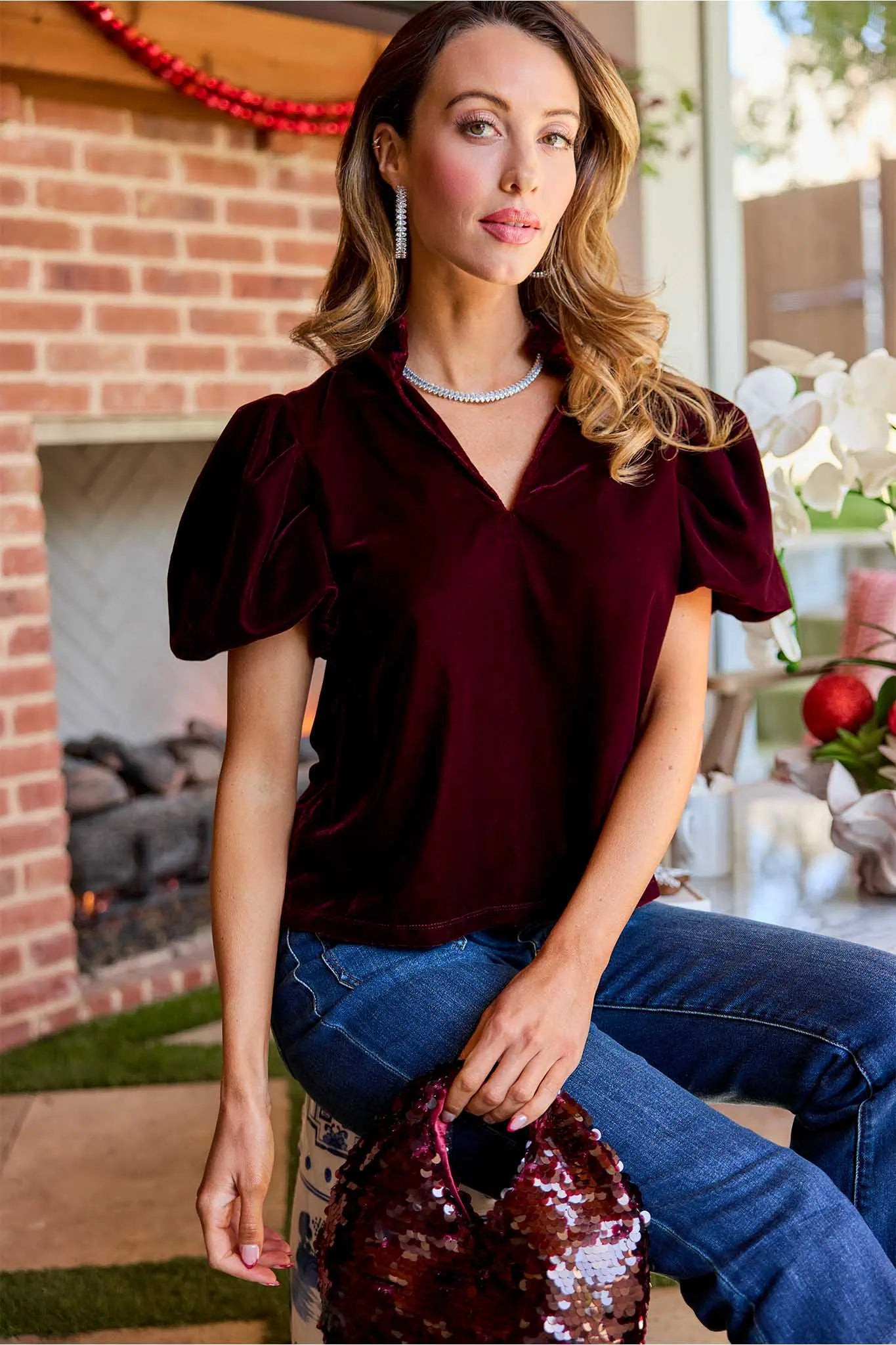 Lynette Cranberry Velvet Puff Sleeve Top | Avara