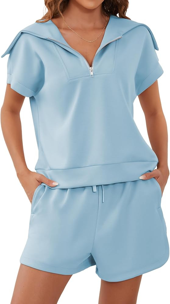 Meladyan Women Two Piece Outfits Tracksuit Half Zip Lapel Cap Sleeve Sweatshirt High Waist Drawst... | Amazon (US)