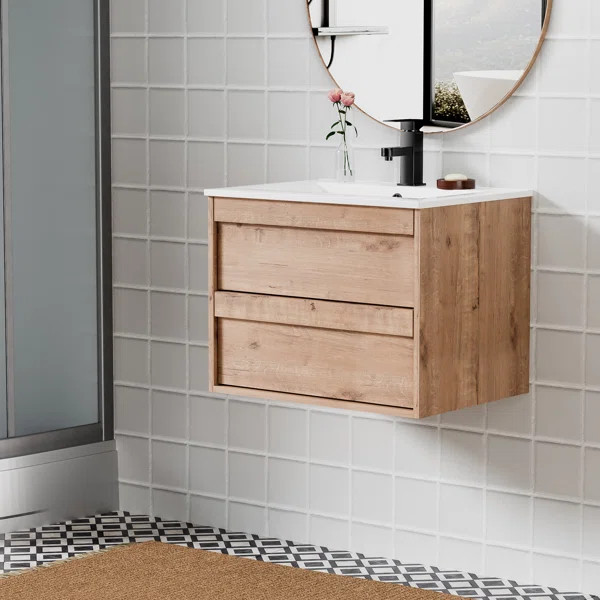 Bitha 24" Modern Wall Mounted Bathroom Vanity with Ceramic Sink Top, Wood Tune Floating Cabinet | Wayfair North America