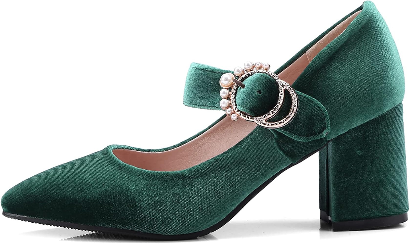 Amazon.com | LEHOOR Women Chunky Heel Closed Pointed Toe Mary Jane Pumps Metal Buckle with Pearl ... | Amazon (US)