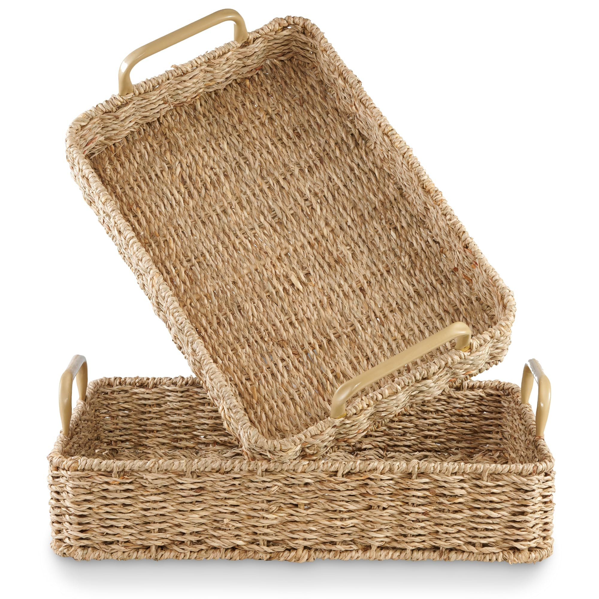 Set of 2 Rectangular Seagrass Trays with Handles - Decorative Trays for Coffee Table, Ottoman, Di... | Amazon (US)