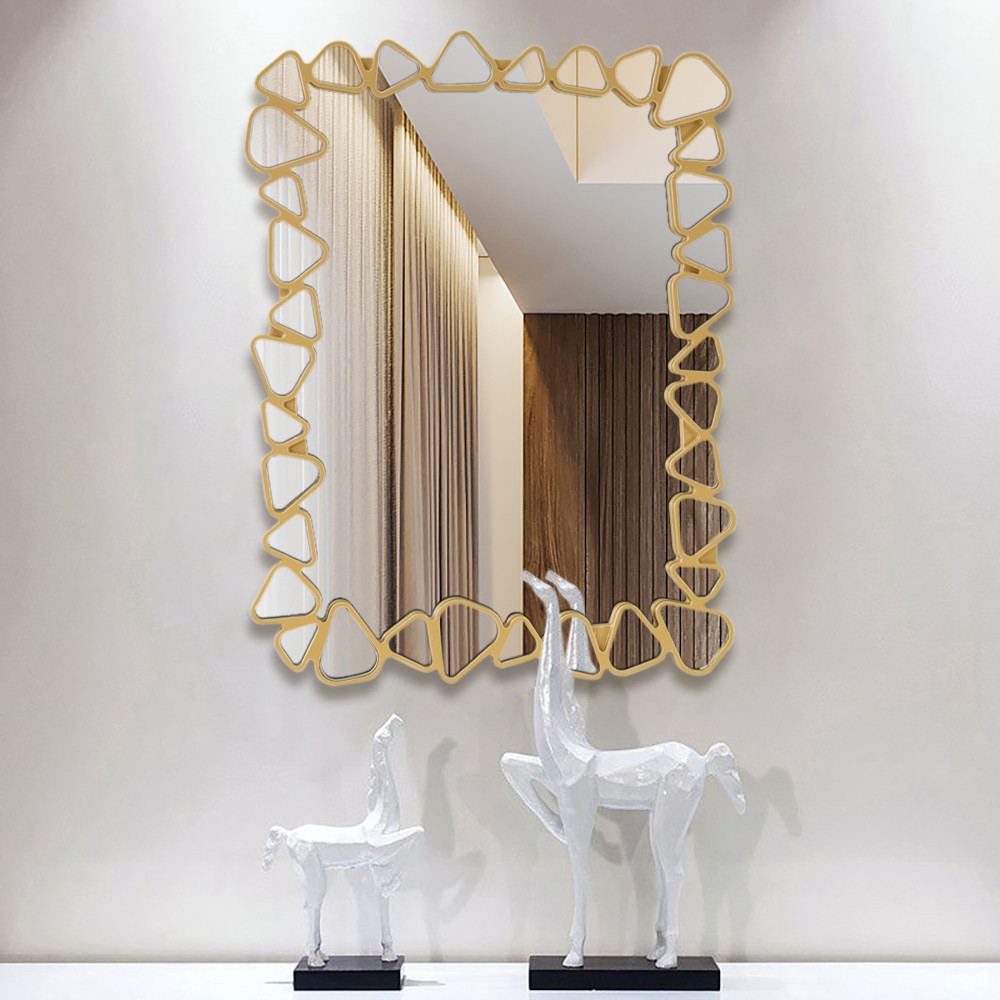 31.5"" x 23.6"" Modern Large Gold Rectangle Irregular Pebble Wall Mirror Decor Living Room | Homary
