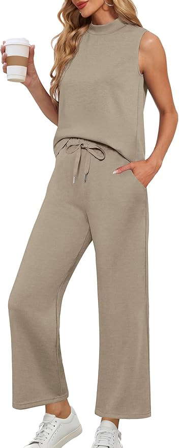 Lepunuo Two Piece Sets for Women Summer Mock Neck Sleeveless Top Wide Leg Pants Lounge Sets Vacat... | Amazon (US)