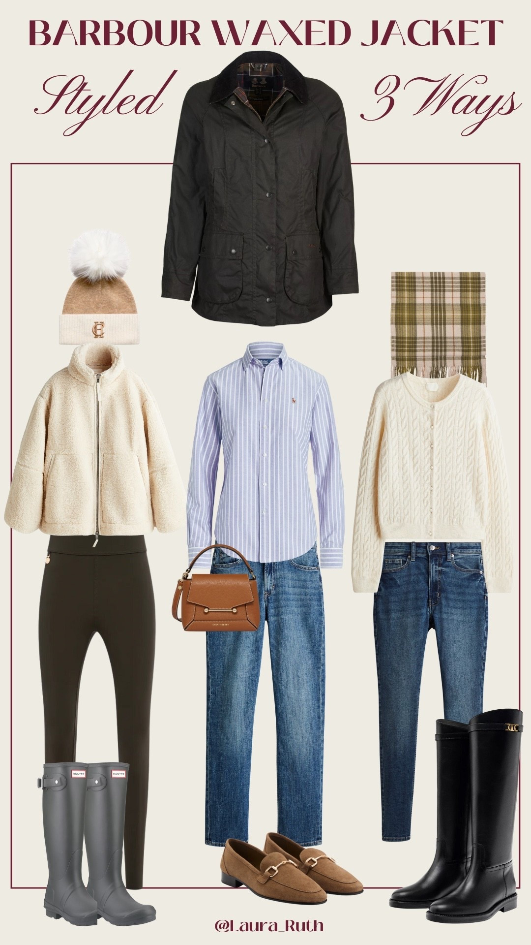 Looking to make your Barbour waxed jacket work harder in your wardrobe this season? Here are three timeless outfit ideas that mix comfort, polish, and practicality, perfect for autumn and winter layering 🍂

🍂 1 | Cozy Everyday Look
Pair your jacket with olive leggings, a cosy sherpa zip-up, Hunter boots, and a neutral pom beanie. Ideal for chilly walks, school runs, or weekend errands.

💙 2 | Smart Casual Classic
Style it with a striped button down, straight jeans, tan loafers, and a structured brown bag for an elevated yet easy everyday outfit.

🌳 3 | Timeless Countryside Chic
Layer over a cream cable knit sweater, plaid scarf, slim jeans, and tall black boots for that polished, equestrian inspired feel.

Each piece is linked on LTK so you can shop the full looks directly and build a capsule ready Autumn wardrobe with pieces that never go out of style. 

#LTKStyleTip #LTKOver40 #LTKSeasonal