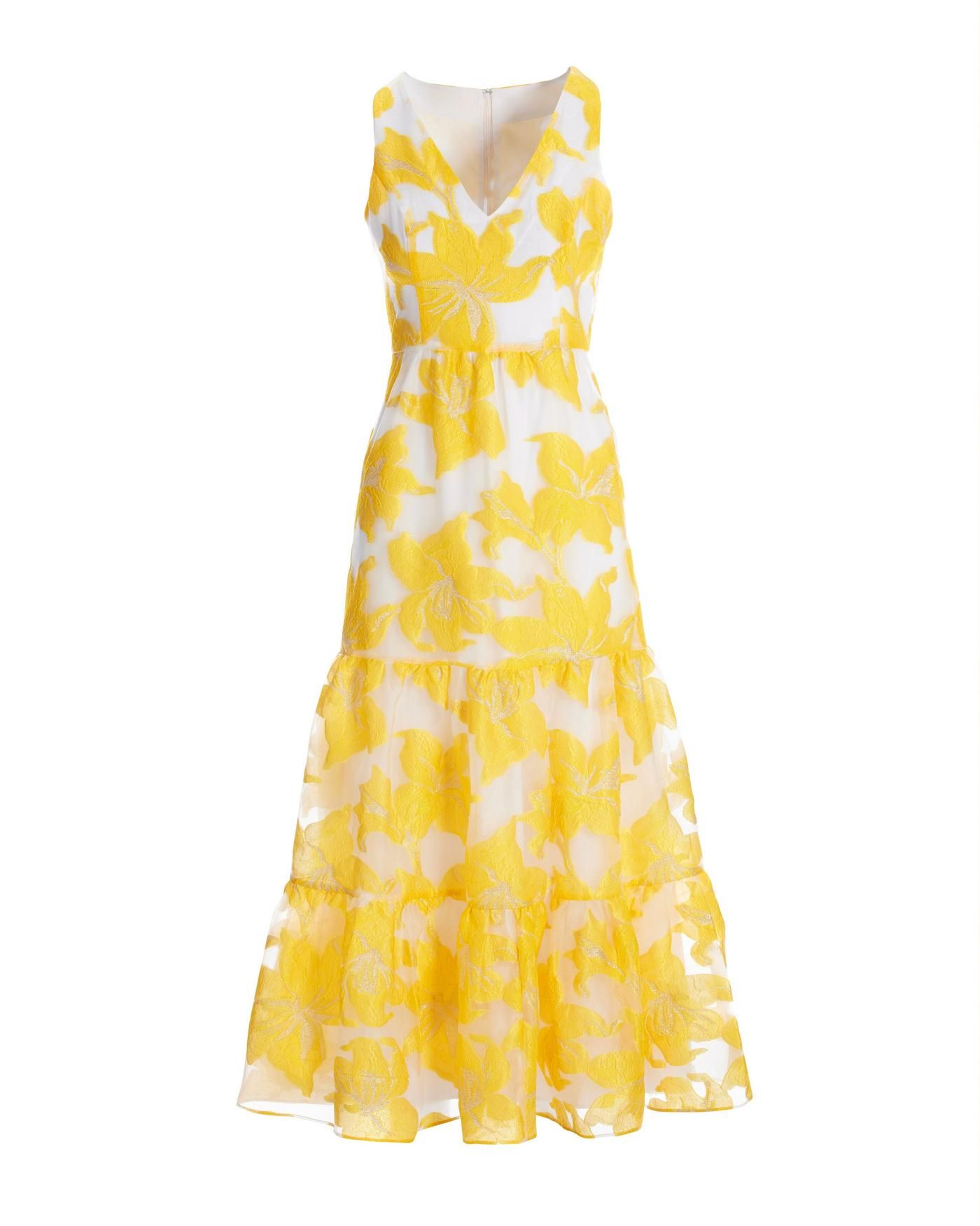 Exploded Metallic Floral Jacquard Organza Tiered Ankle Length Dress Yellow Multi | Boston Proper