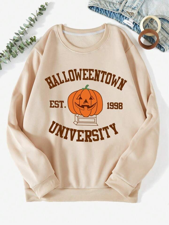 Große Größe Sweatshirt mit Halloween Muster, Thermal Futter, | SHEIN