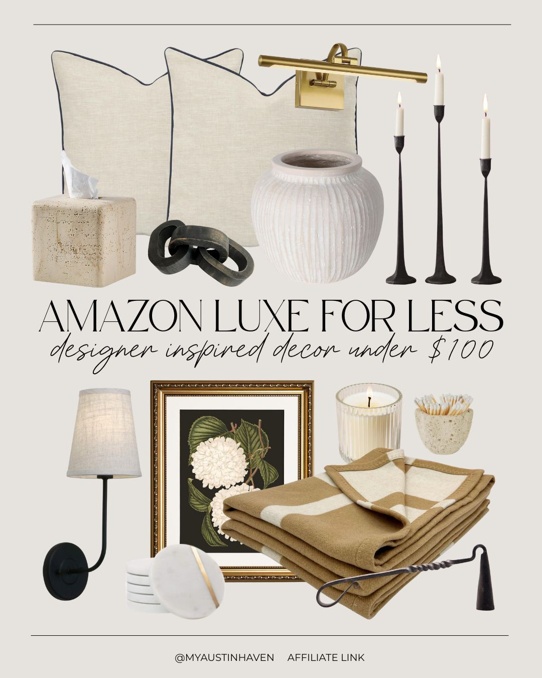 Upgrade your home with these chic and affordable look for less decor finds all from Amazon. ✨ Wool blanket, wall sconce, framed art, candle, pillow cover, black and white, chic home decor, elegant finds, luxury look, Amazon home. 

 #LTKHome #LTKFindsUnder50 #LTKFindsUnder100